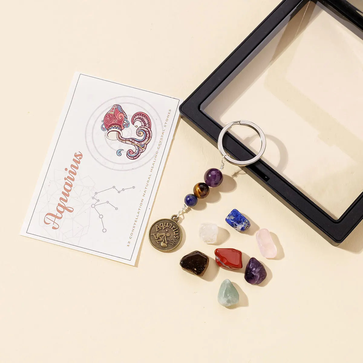1pc Natural Crystal 12 Zodiac Signs Key Set Colorful Crystal Crafts Meditation Demagnetizer Holiday Gift