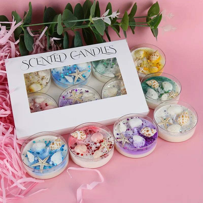 6 Piece Seashell Themed Scented Candle Gift Set with Pearl and Glitter Accents , Perfect for Valentine's Day and Graduation Gift