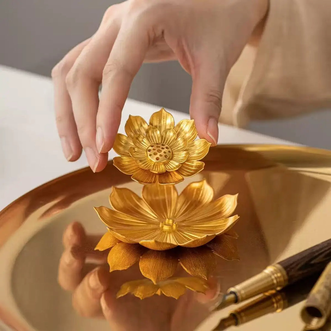 1PC Gold Incense Burner Stick Holder Buddhism Lotus Line Incense plate Base Temples