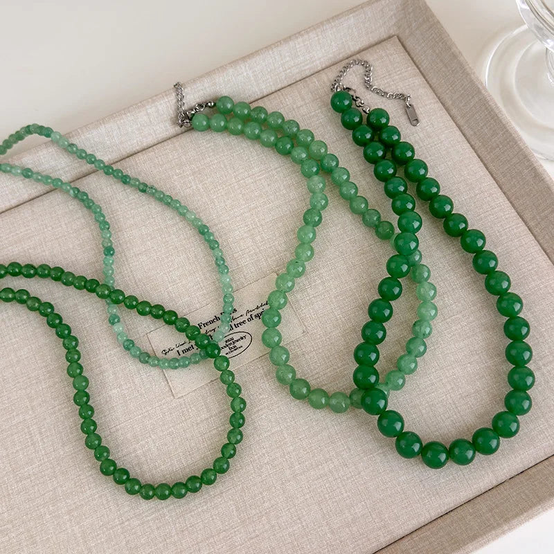 The Wizard of Oz-Inspired New Chinese Style Jadeite Green Beaded Necklace Cool-Toned Natural Stone Collarbone Chain Accessory