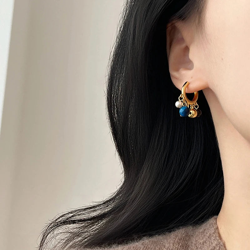 Vintage Natural Stone Colored Round Beads Pendant Gold Color Earrings 2025 Trendy Jewelry Unusual Ear Accessories for Women